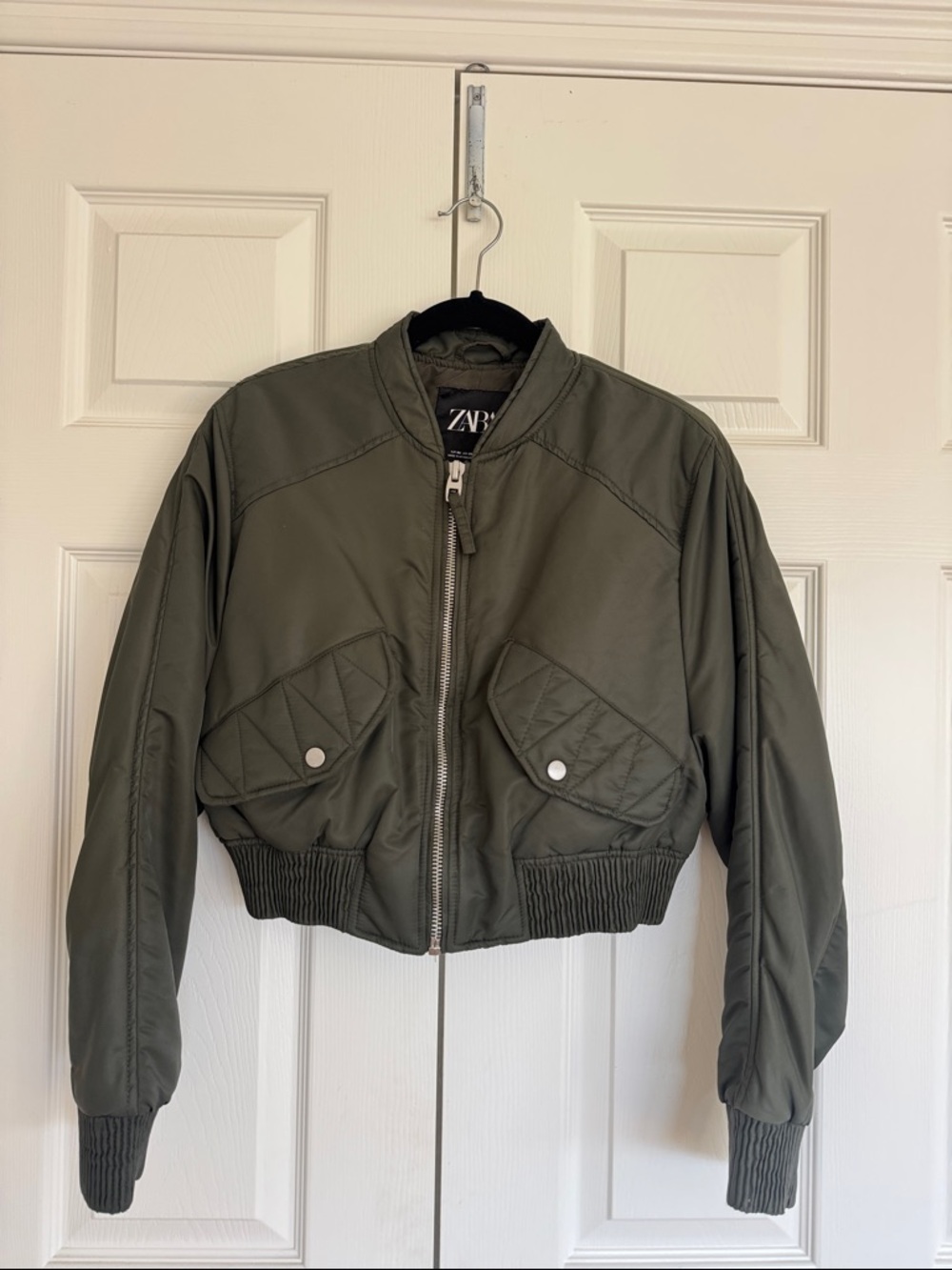 Zara Cropped Military-Style Bomber Jacket in Olive